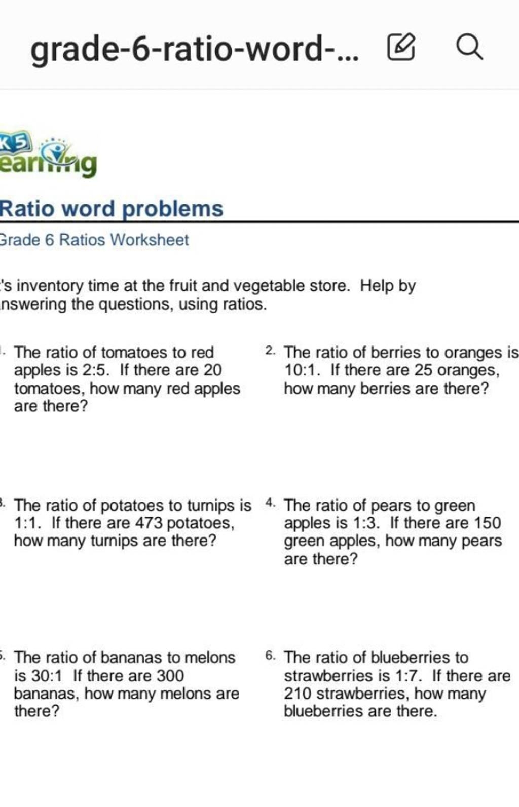 Grade 6 Ratio Word Ing Ratio Word Problems Grade 6 Ratios Worksheets Library