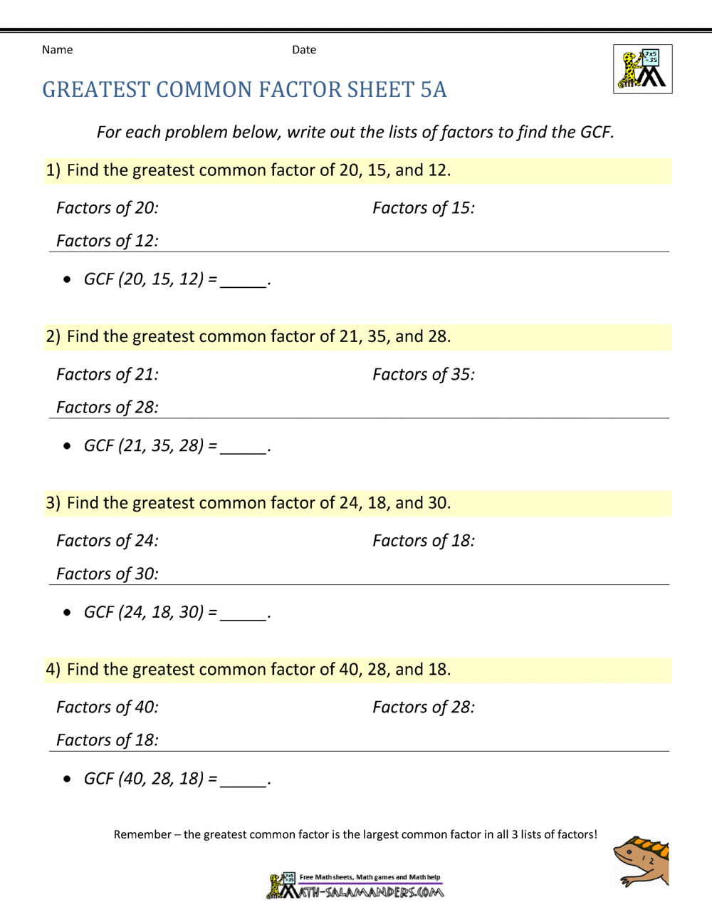 Greatest Common Factor Worksheet Page Greatest Common Factor Worksheet Page