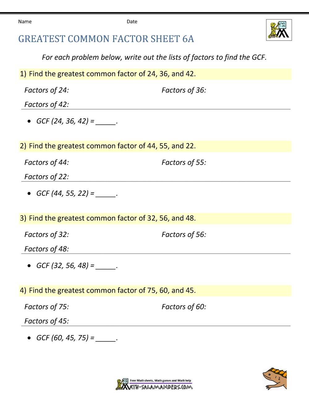 Greatest Common Factor Worksheet Page Greatest Common Factor Worksheet Page