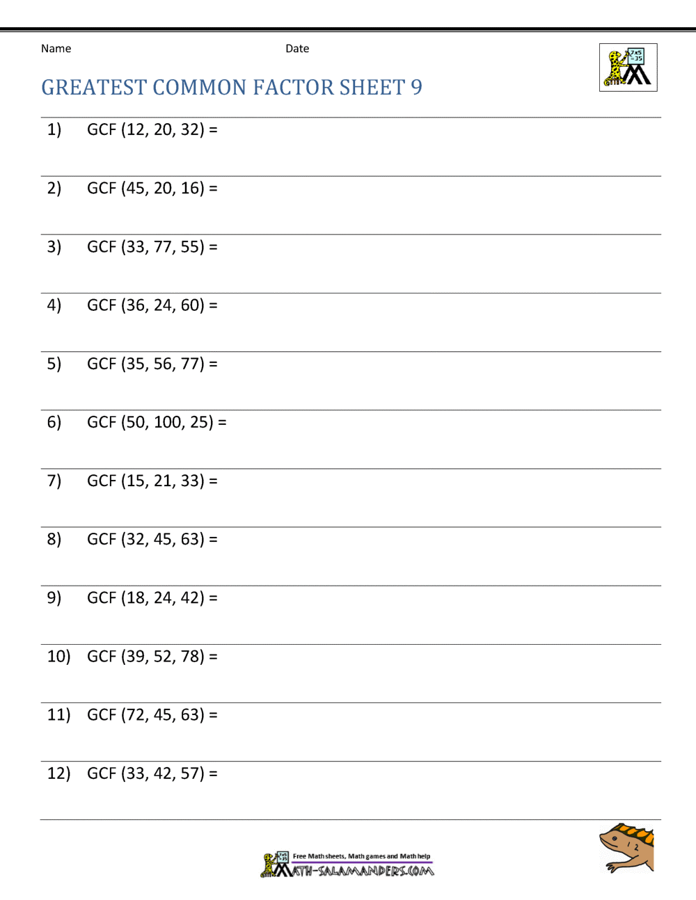 Greatest Common Factor Worksheet Page Greatest Common Factor Worksheet Page