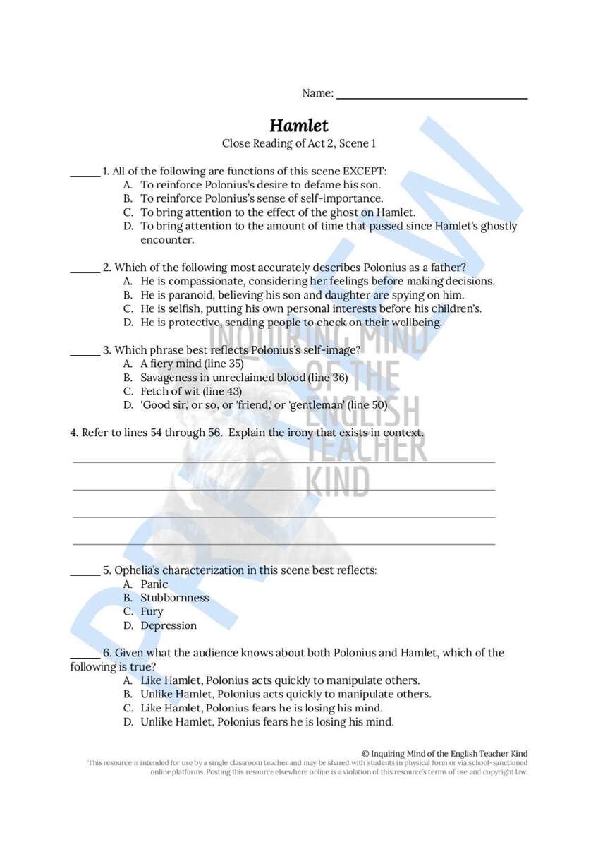 Hamlet Act 2 Quiz Close Reading Worksheets And Vocabulary Games Bundle Classful