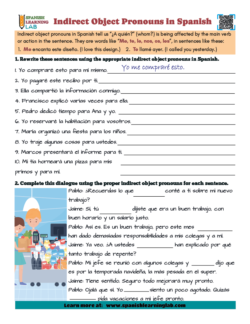 Indirect Object Pronouns In Spanish PDF Worksheet Spanish Learning Lab Indirect Object Pronouns In Spanish PDF Worksheet Spanish Learning Lab