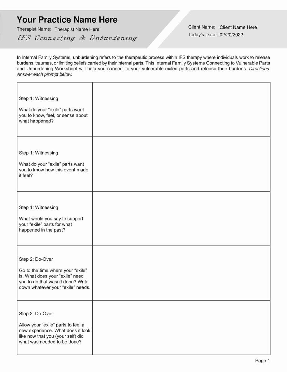 Internal Family Systems Connecting To Vulnerable Parts And Unburdening Worksheet TherapyByPro Internal Family Systems Worksheets