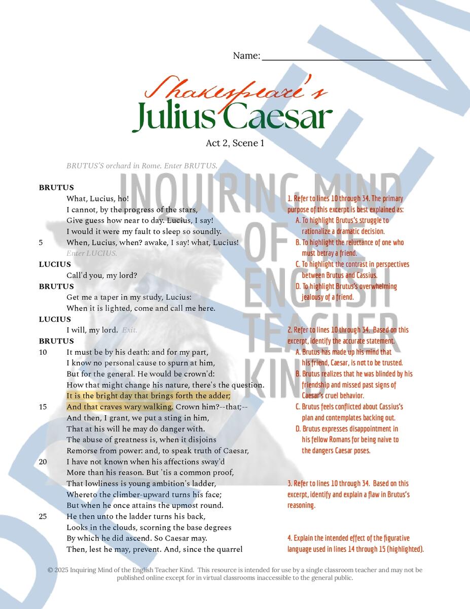 Julius Caesar Act 2 Scene 1 Close Reading Analysis Worksheet And Answer Key Made By Teachers Julius Caesar Act 2 Scene Guide Comprehension Questions Notes Studocu