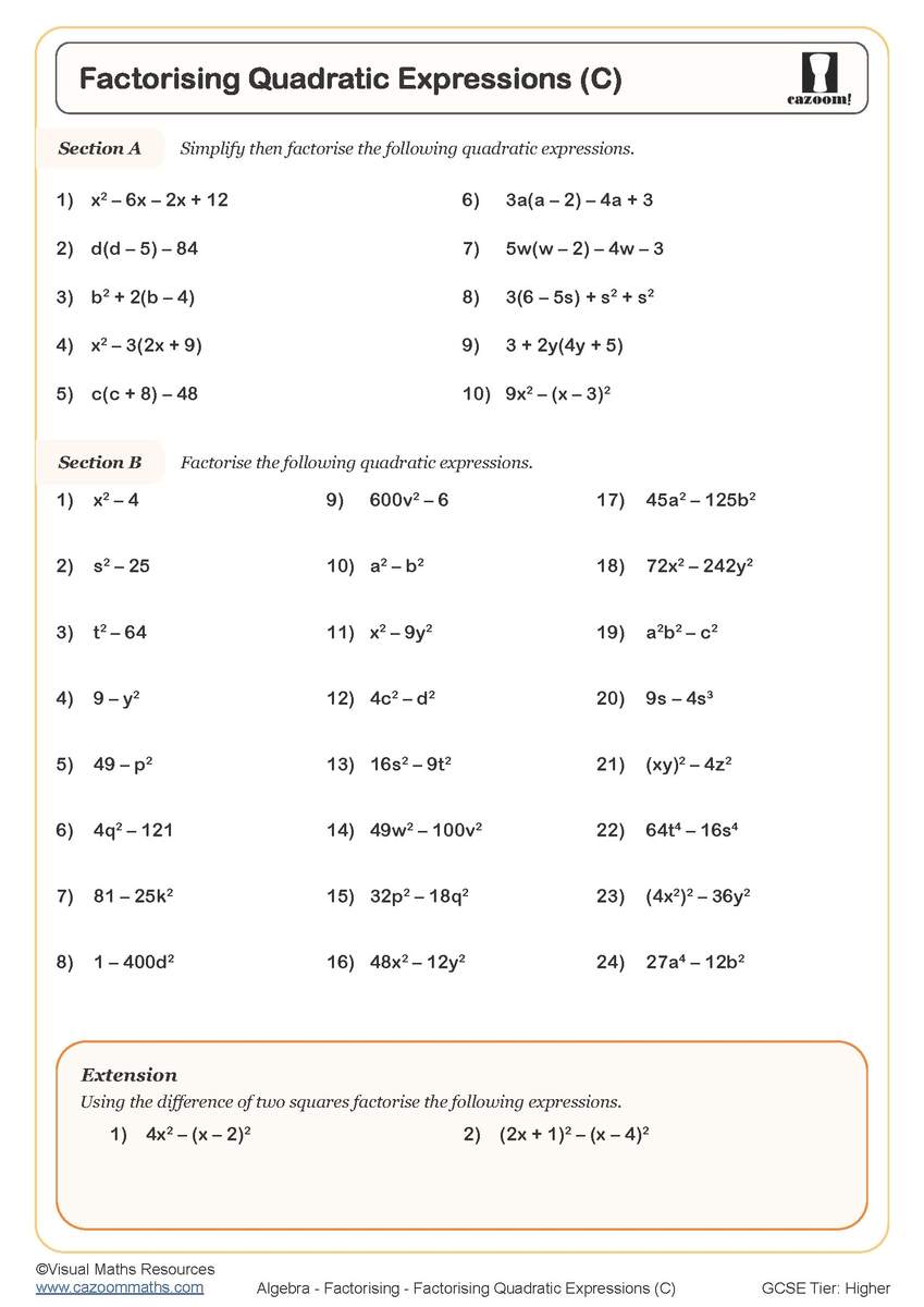 KS3 And KS4 Factorising Quadratics Worksheets Quadratic Factorisation Worksheets Printable Factorising Worksheets Cazoom Maths Edia AI Platform For Student Outcomes