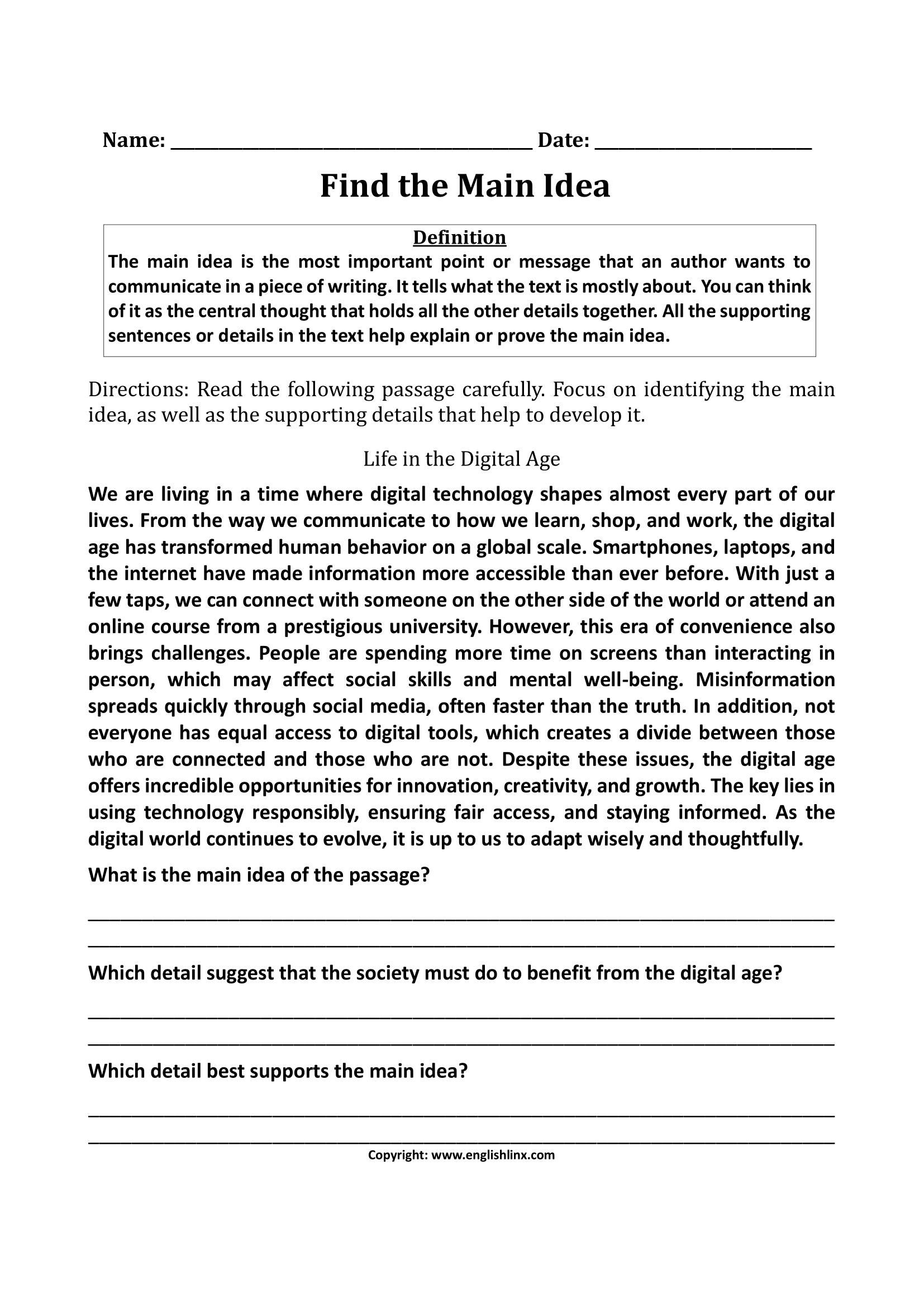 Main Idea Worksheets Printable Main Idea Practice Worksheets