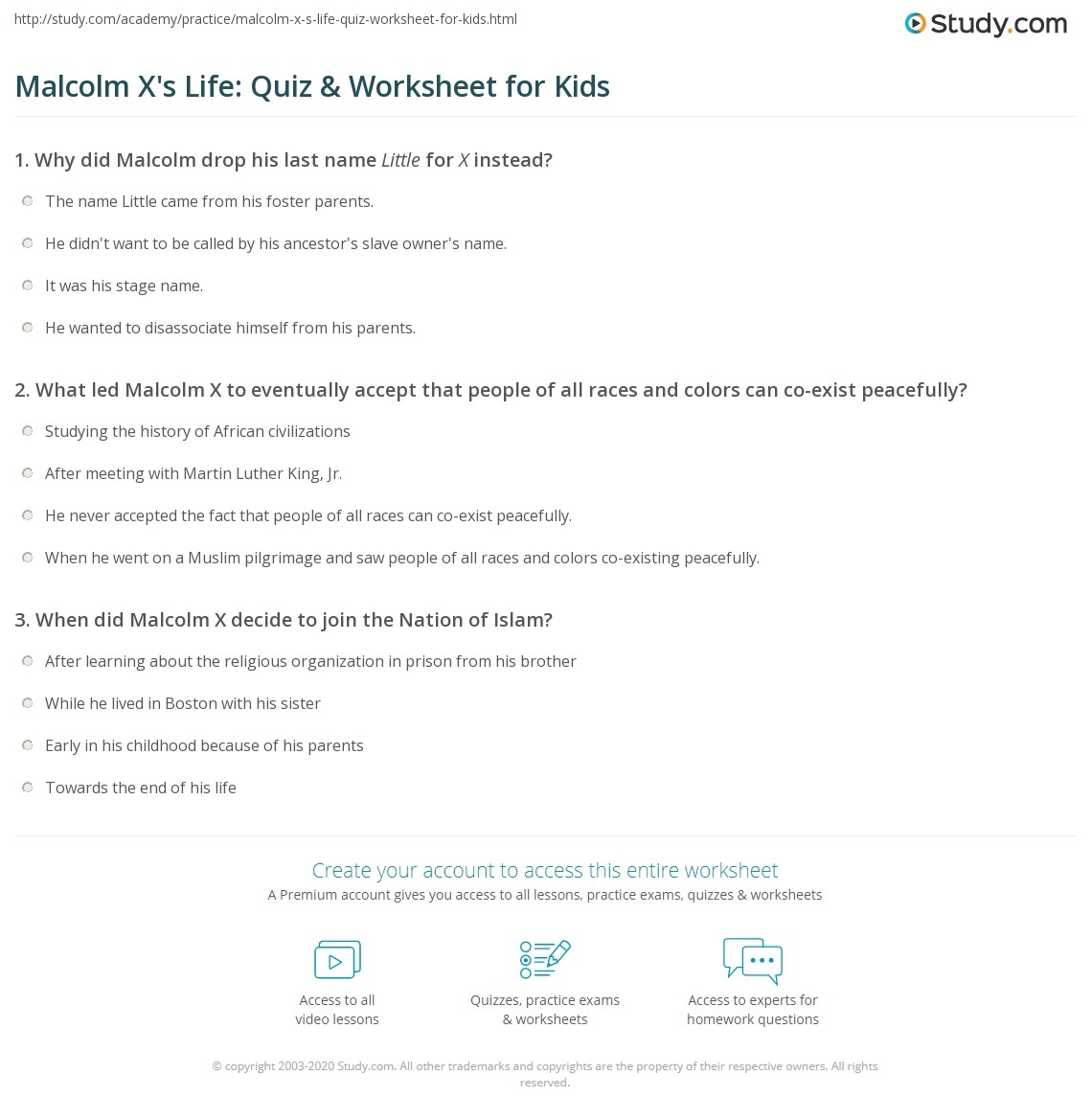 Malcolm X S Life Quiz Worksheet For Kids Study Malcolm X S Life Quiz Worksheet For Kids Study