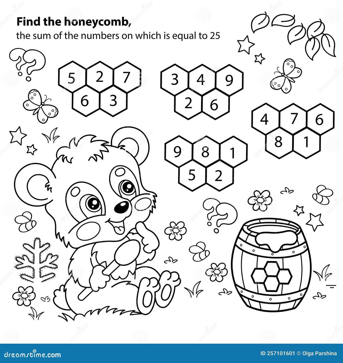 Math Addition Game Puzzle For Kids Coloring Page Outline Of Cartoon Little Bear Cub With Barrel Of Honey Stock Vector Illustration Of Contour Education 257101601 Operations And Algebraic Thinking Addition Subtraction 1 10 K OA 1