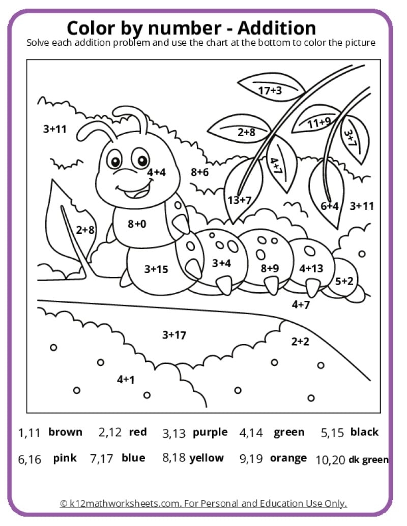 Addition Color By Number Worksheets Nature Inspired Learning