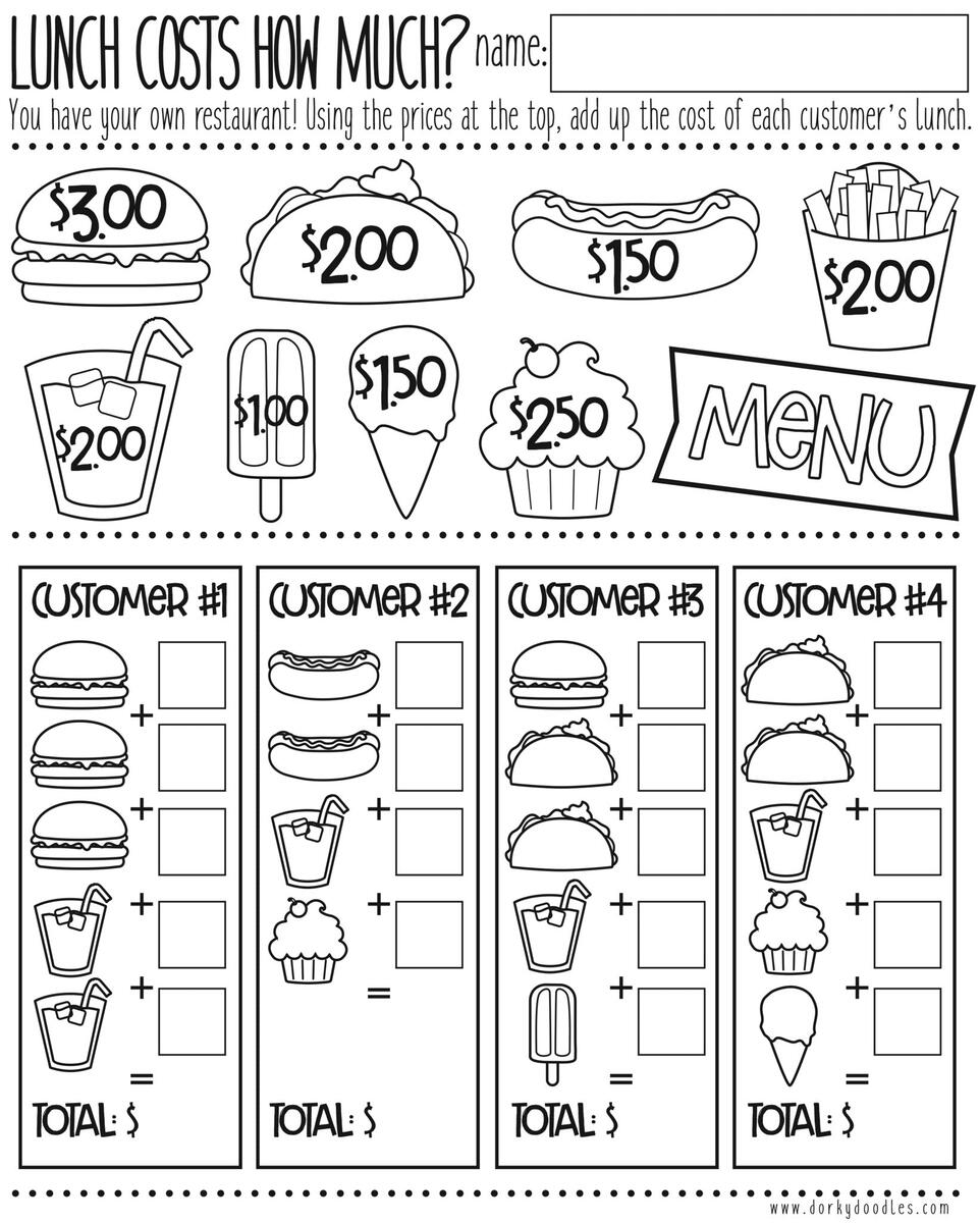 Money Math Practice How Much Does Lunch Cost Dorky Doodles Worksheets Library