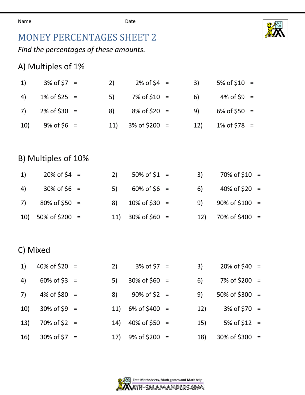 Money Percentage Worksheets