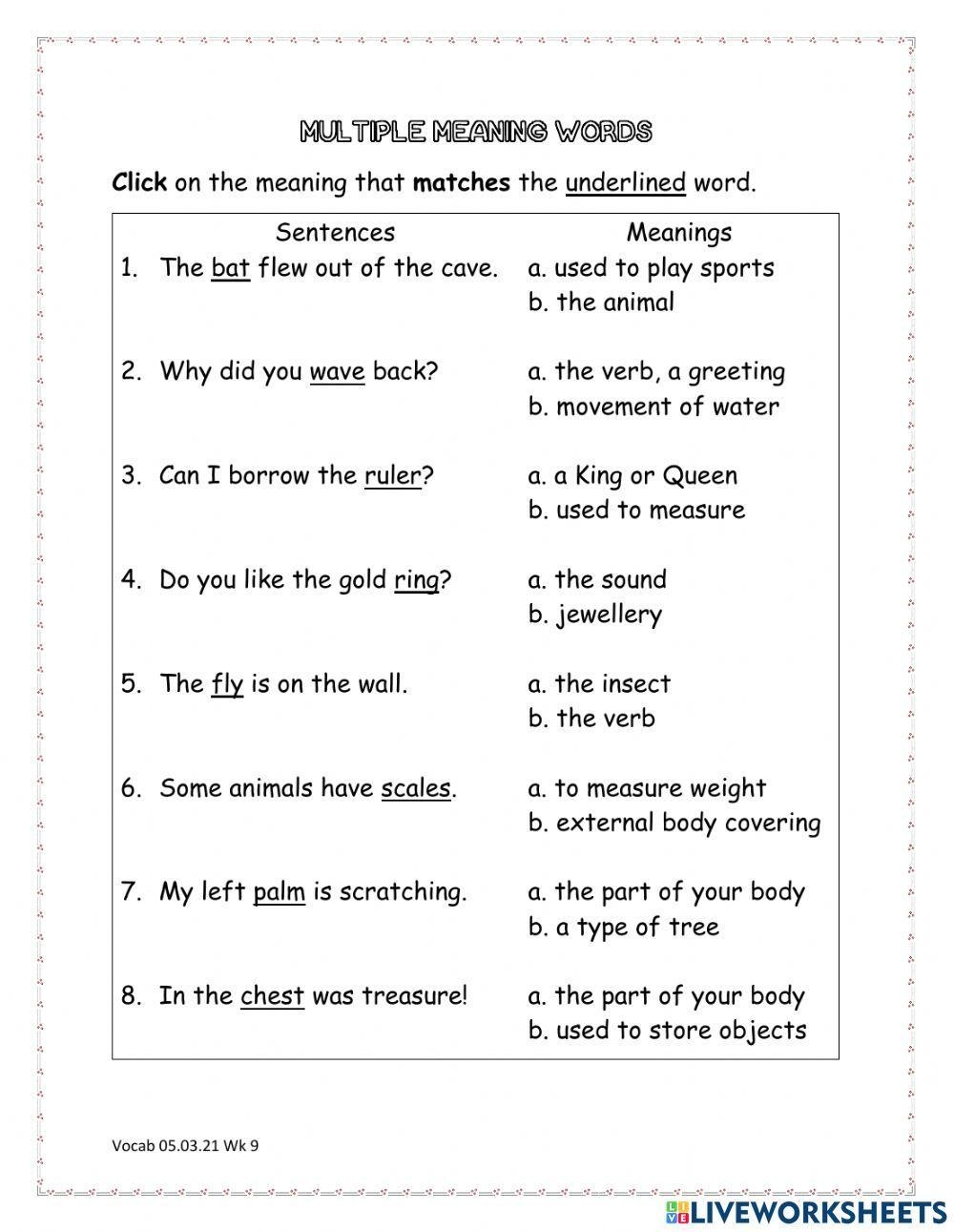 Multiple Meaning Words Online Activity Worksheets Library Printable 8th Grade Multiple Meaning Words Worksheets