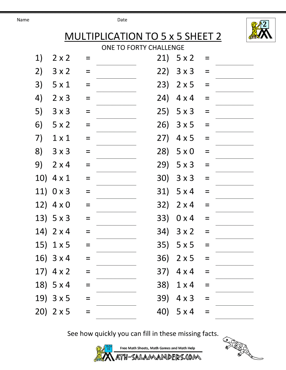 Multiplication To 5x5 Worksheets For 2nd Grade 40 Printable Multiplication Worksheets Single Digit 1 12 100 Fill In The Blank Questions Answers Etsy
