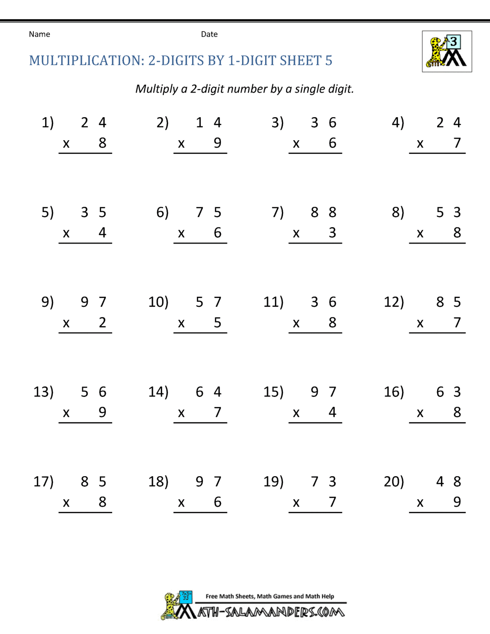 Buy Printable Multiplication Worksheets 2 Digit X 1 Digit PDF Online In India Etsy