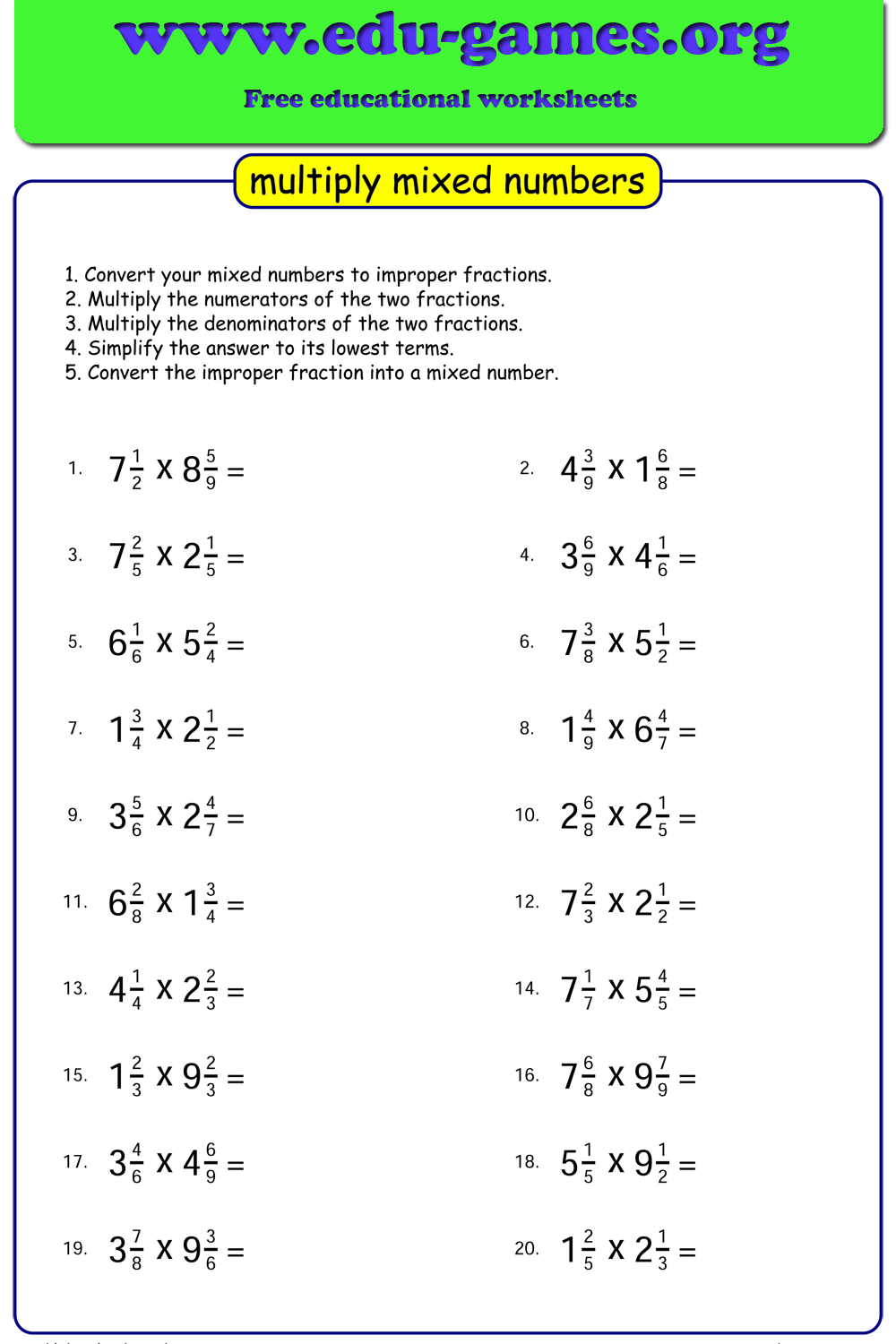 Multiplying Mixed Numbers Worksheets Free Printable PDFs Edu Games Multiplication Worksheets For Grade 3
