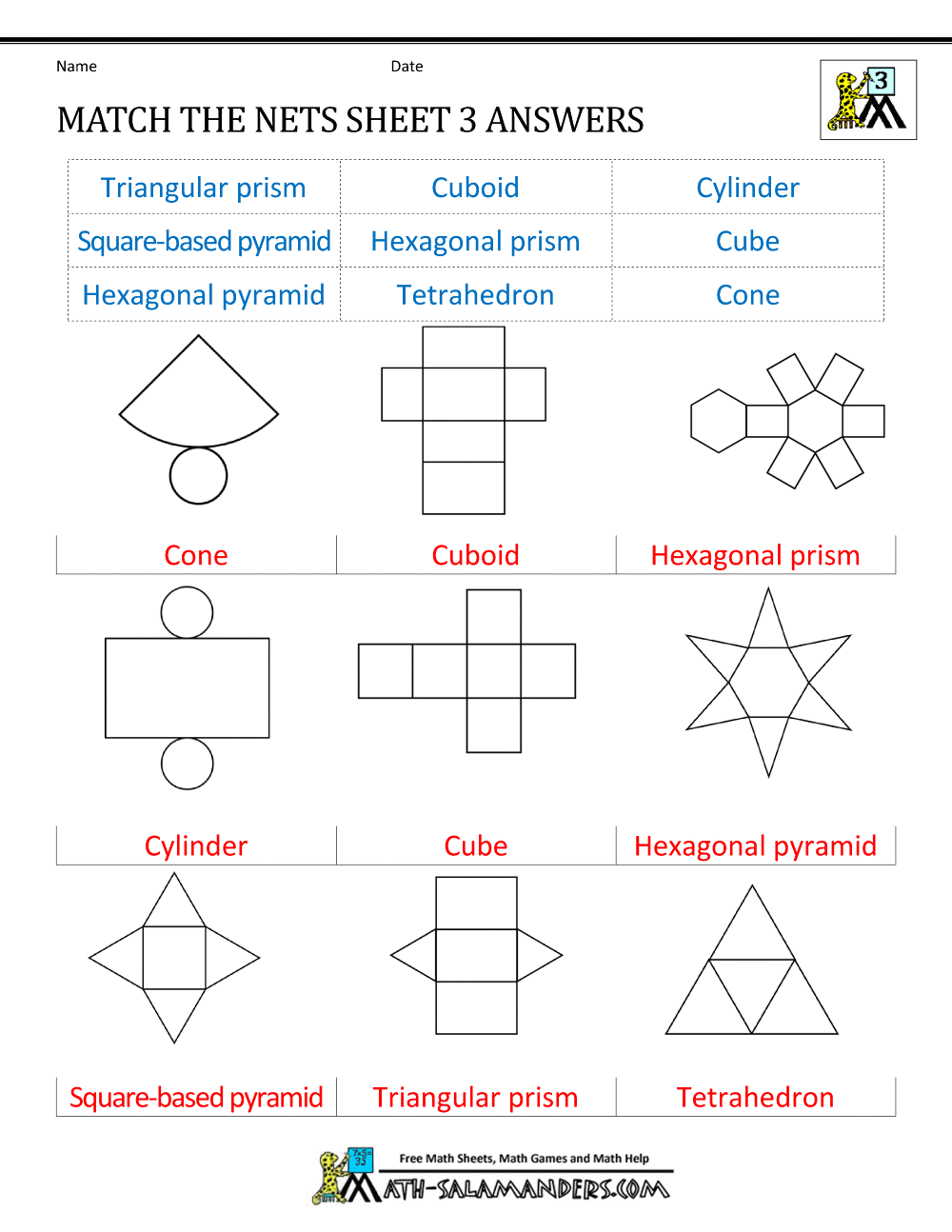 Nets Of Prisms And Pyramids Worksheet Practice Sheets For Geometry Students Printable PDF 3D Shapes Worksheets Cazoom Maths Cazoom Math