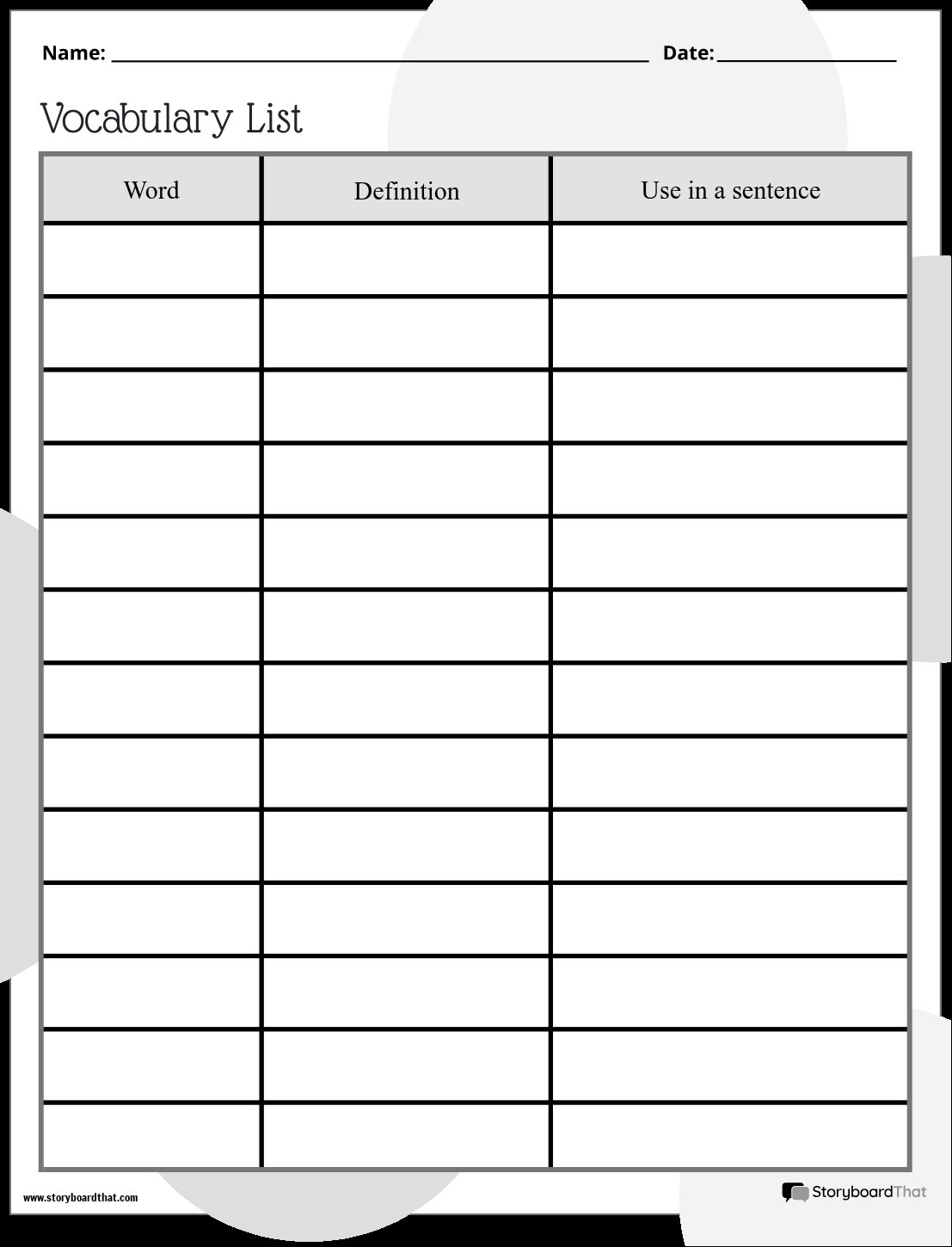 New Create Page Vocabulary Template 2 Black White New Create Page Vocabulary Template 2 Black White