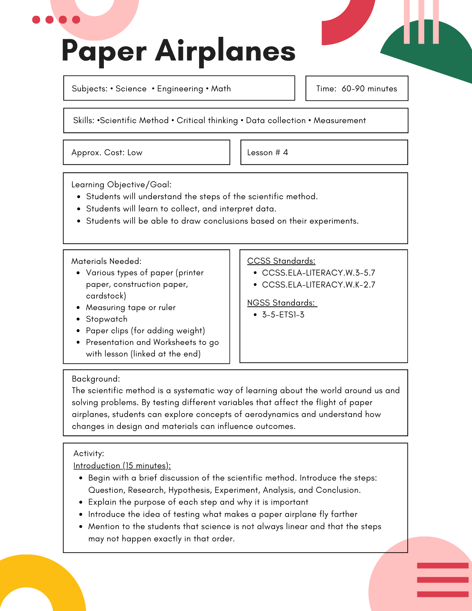 Paper Airplane Investigation Lesson Plan Paper Airplane Investigation Lesson Plan