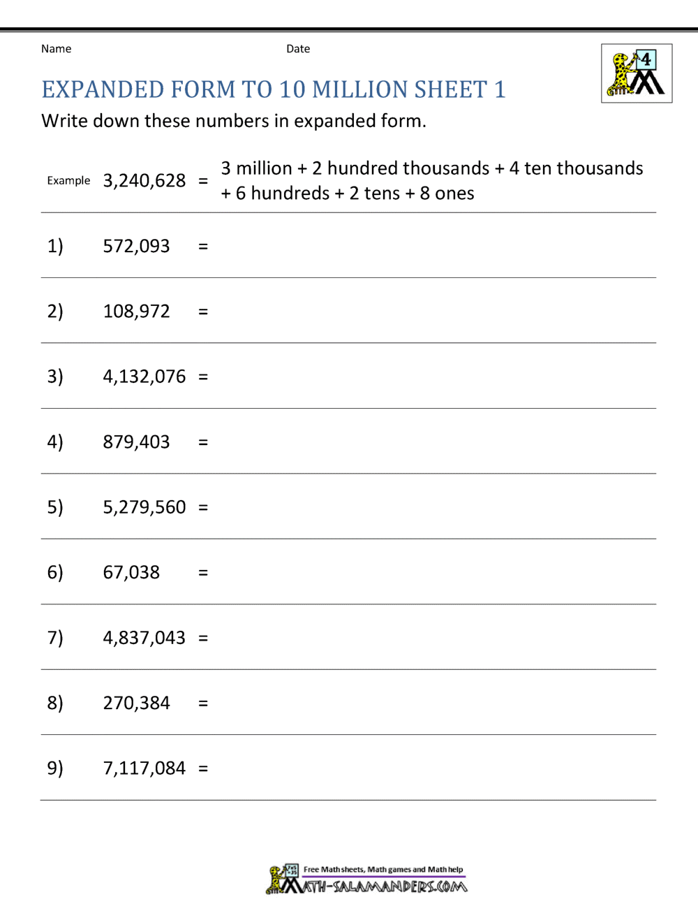 Place Value Worksheet Up To 10 Million Place Value Worksheet Up To 10 Million