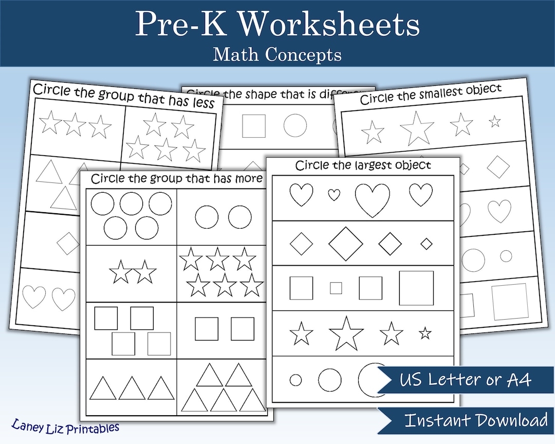 Pre K Worksheet Math Concepts More Less Smallest Biggest Preschool Kindergarten Etsy Pre K Worksheet Math Concepts More Less Smallest Biggest Preschool Kindergarten Etsy