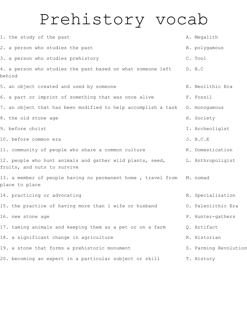 Prehistory Vocab Worksheet WordMint Prehistory Vocab Worksheet WordMint
