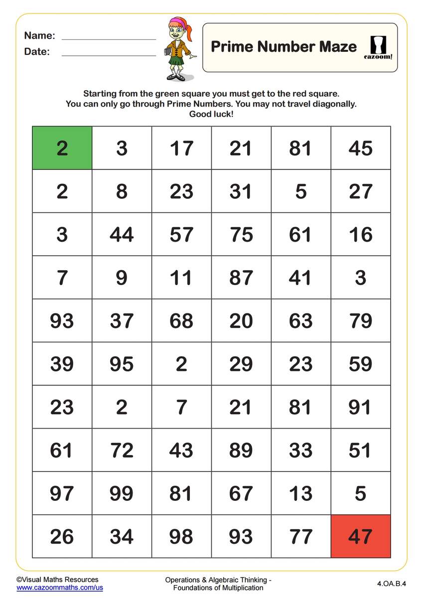 Prime Number Maze PDF Printable Operations And Algebraic Thinking Worksheets Cazoom Math