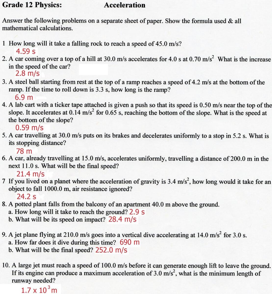 Printable 11th Grade Acceleration Worksheets Printable 11th Grade Acceleration Worksheets
