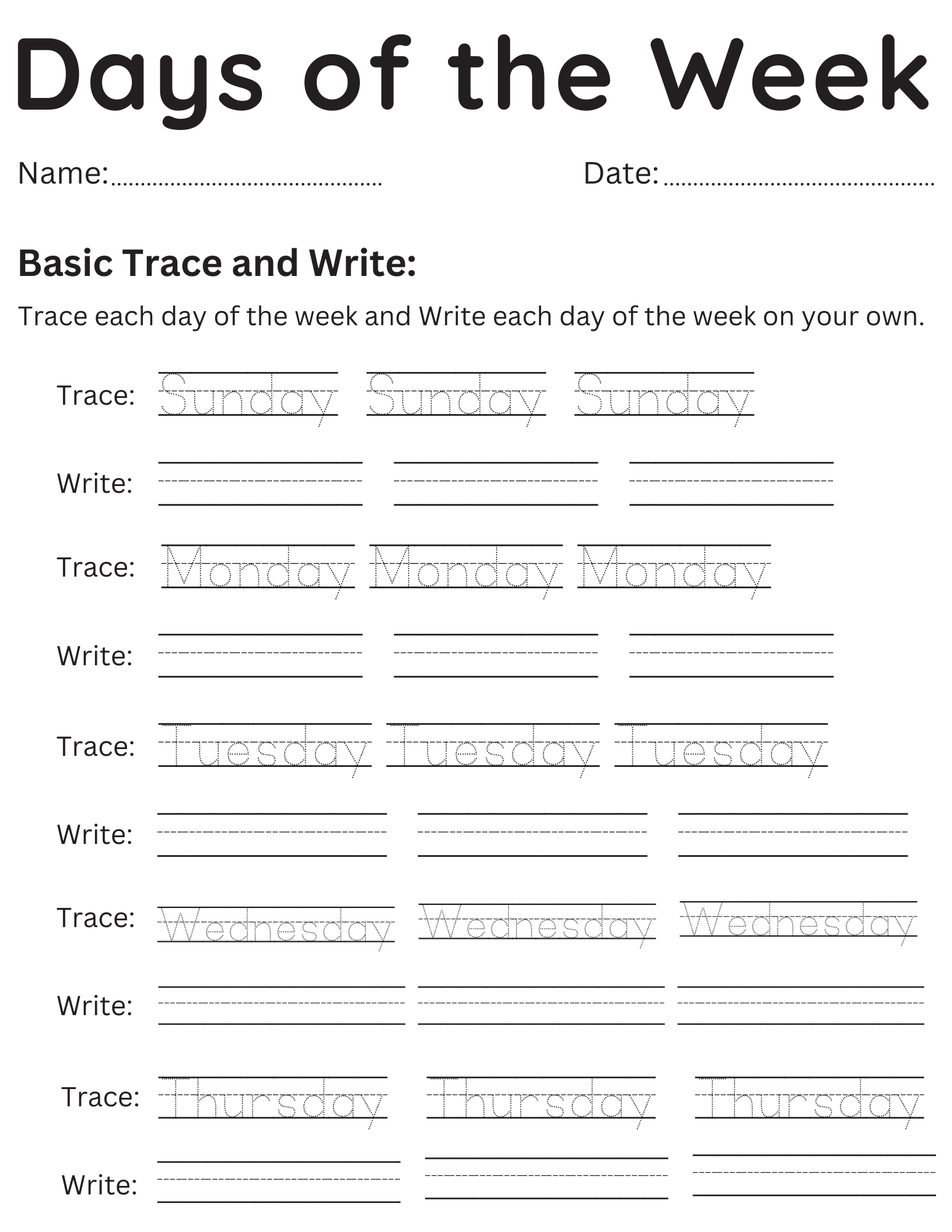 Printable Days Of The Week Trace And Write Worksheet For Kindergarten Teaching Resources Printable Days Of The Week Trace And Write Worksheet For Kindergarten Teaching Resources