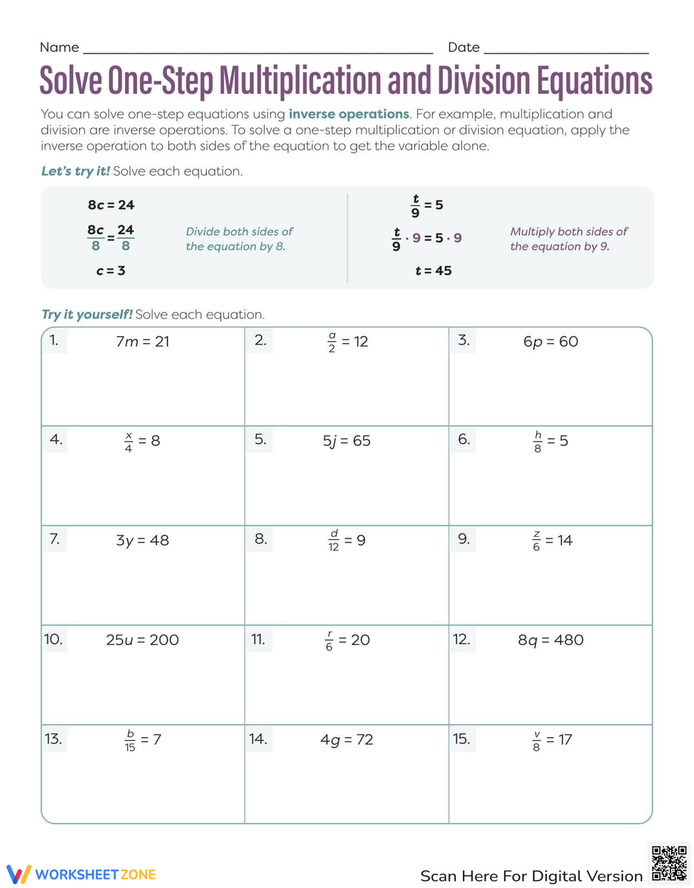 Printable One Variable Equations Worksheets One Step Equations Worksheets Etsy