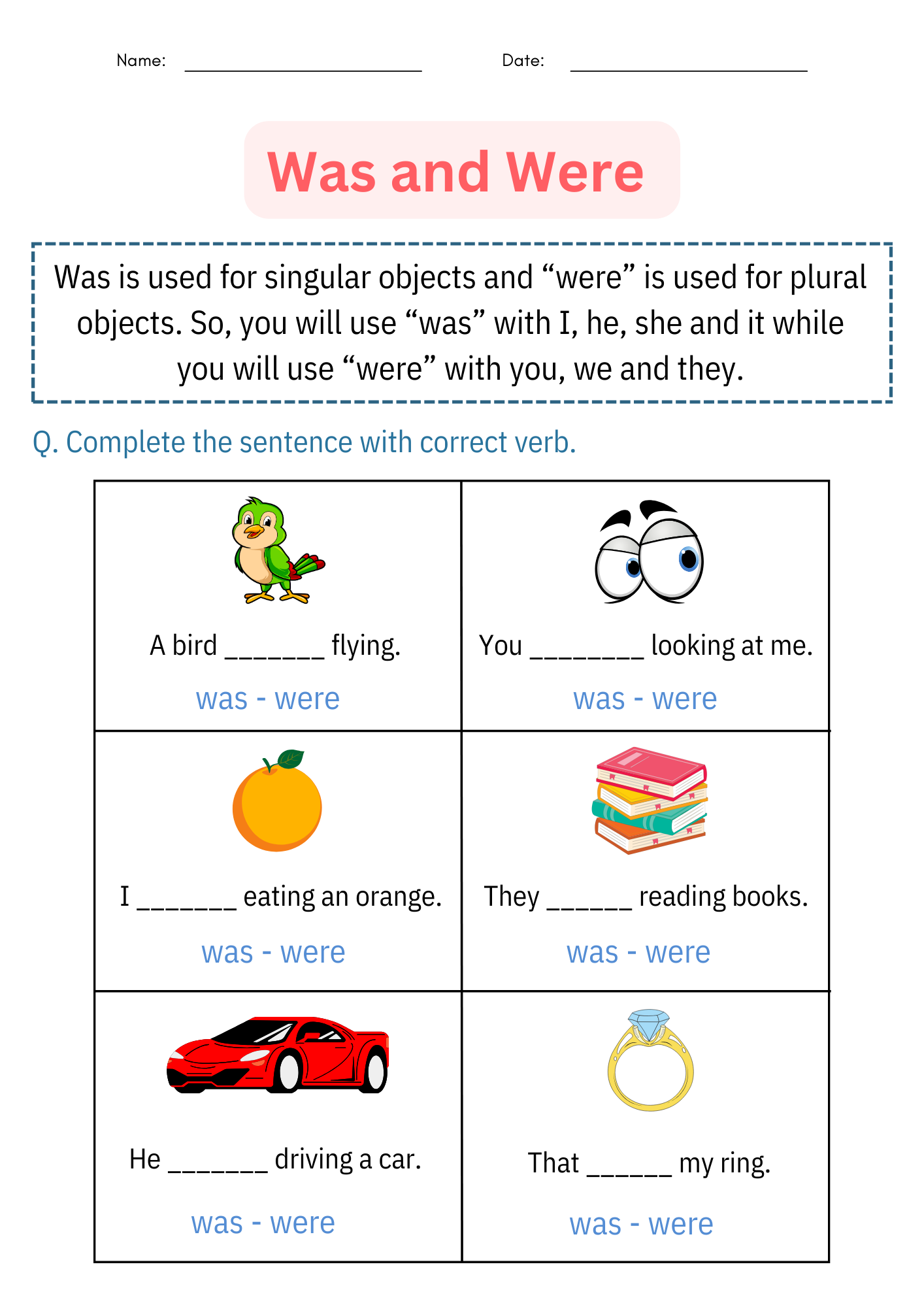Printable Was And Were Grammar Worksheets And Activities For Being Verbs Made By Teachers