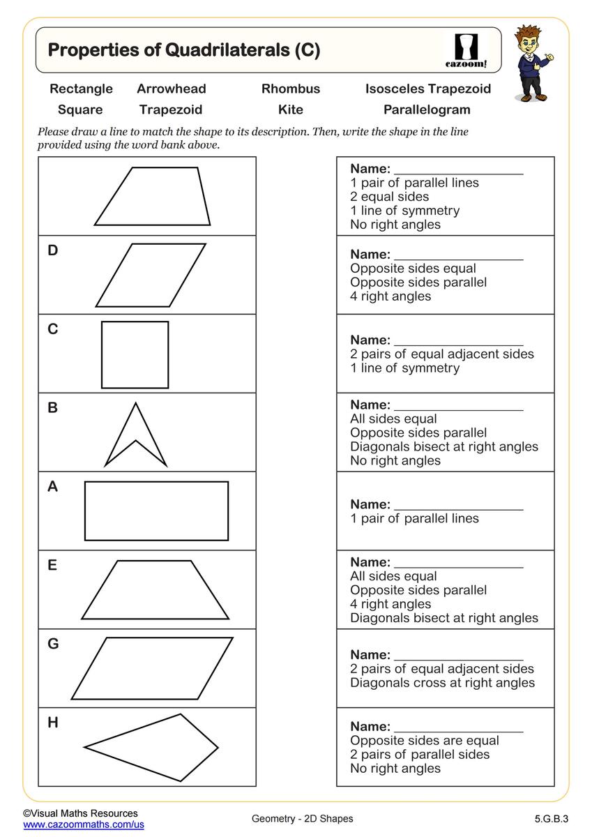 Properties Of Quadrilaterals C PDF Printable Geometry Worksheets Cazoom Math Identify And Draw Quadrilaterals K12 Math Worksheets