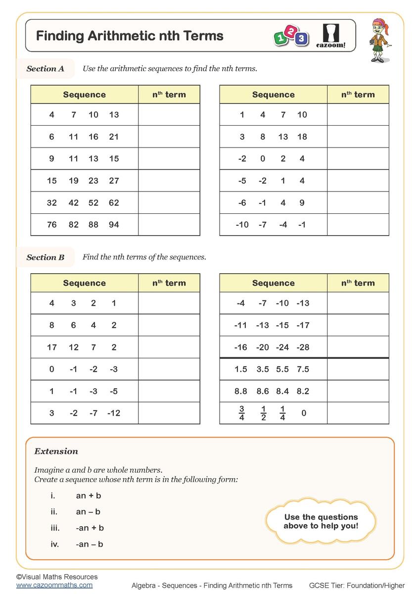 The Nth Term Of An Arithmetic Sequence Worksheet With Solutions Teaching Resources
