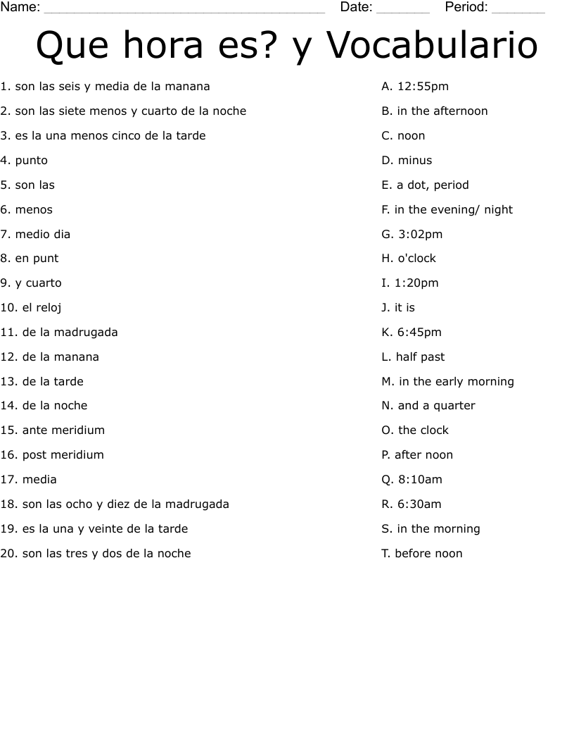 Que Hora Es Y Vocabulario Worksheet WordMint Qu Hora Es Telling Time Spanish Etsy