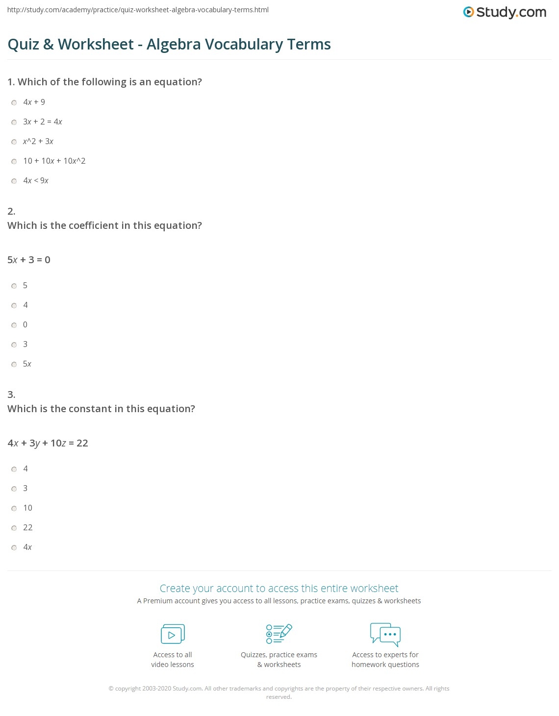 Quiz Worksheet Algebra Vocabulary Terms Study Algebra Review Worksheet Worksheets Library