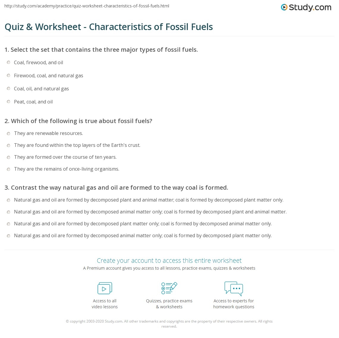 Quiz Worksheet Characteristics Of Fossil Fuels Study