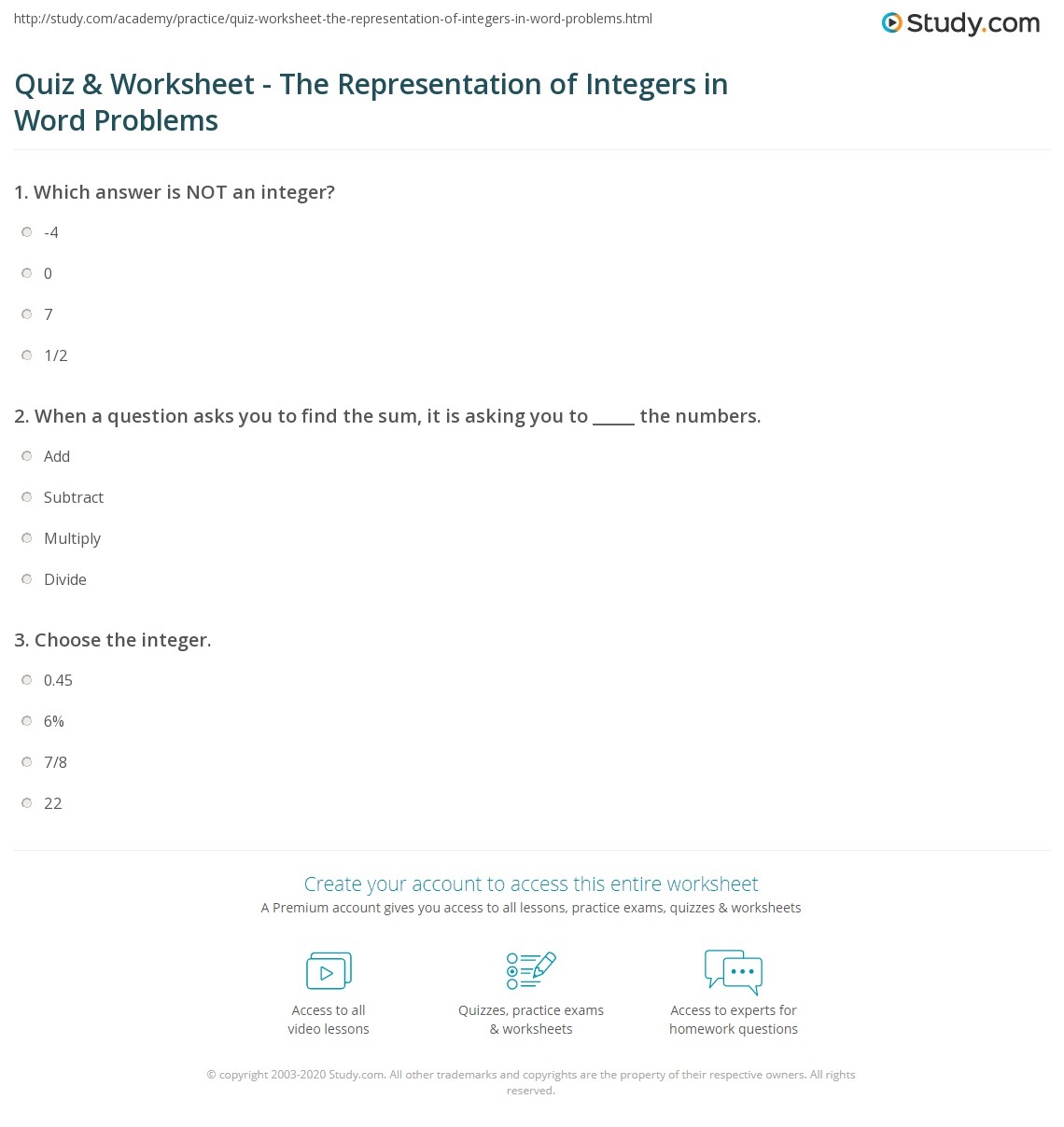 Quiz Worksheet The Representation Of Integers In Word Problems Study