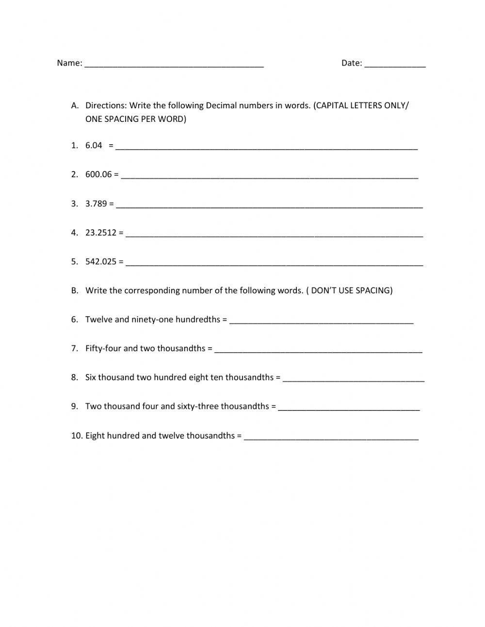 Reading And Writing Decimals Worksheet Worksheets Library