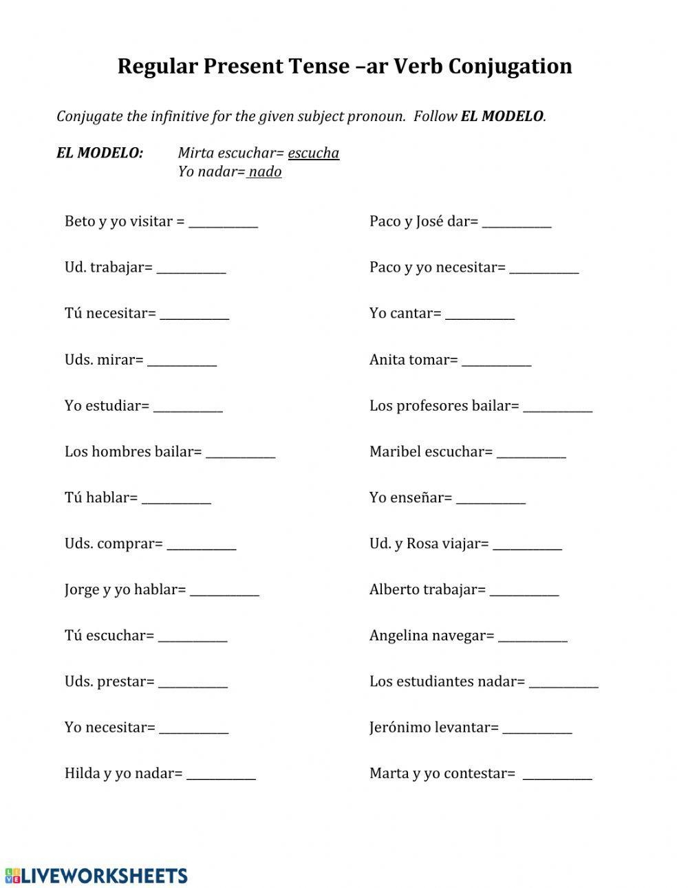 Regular Present Tense Ar Verb Conjugation Worksheet Worksheets Library Regular Present Tense Ar Verb Conjugation Worksheet Worksheets Library