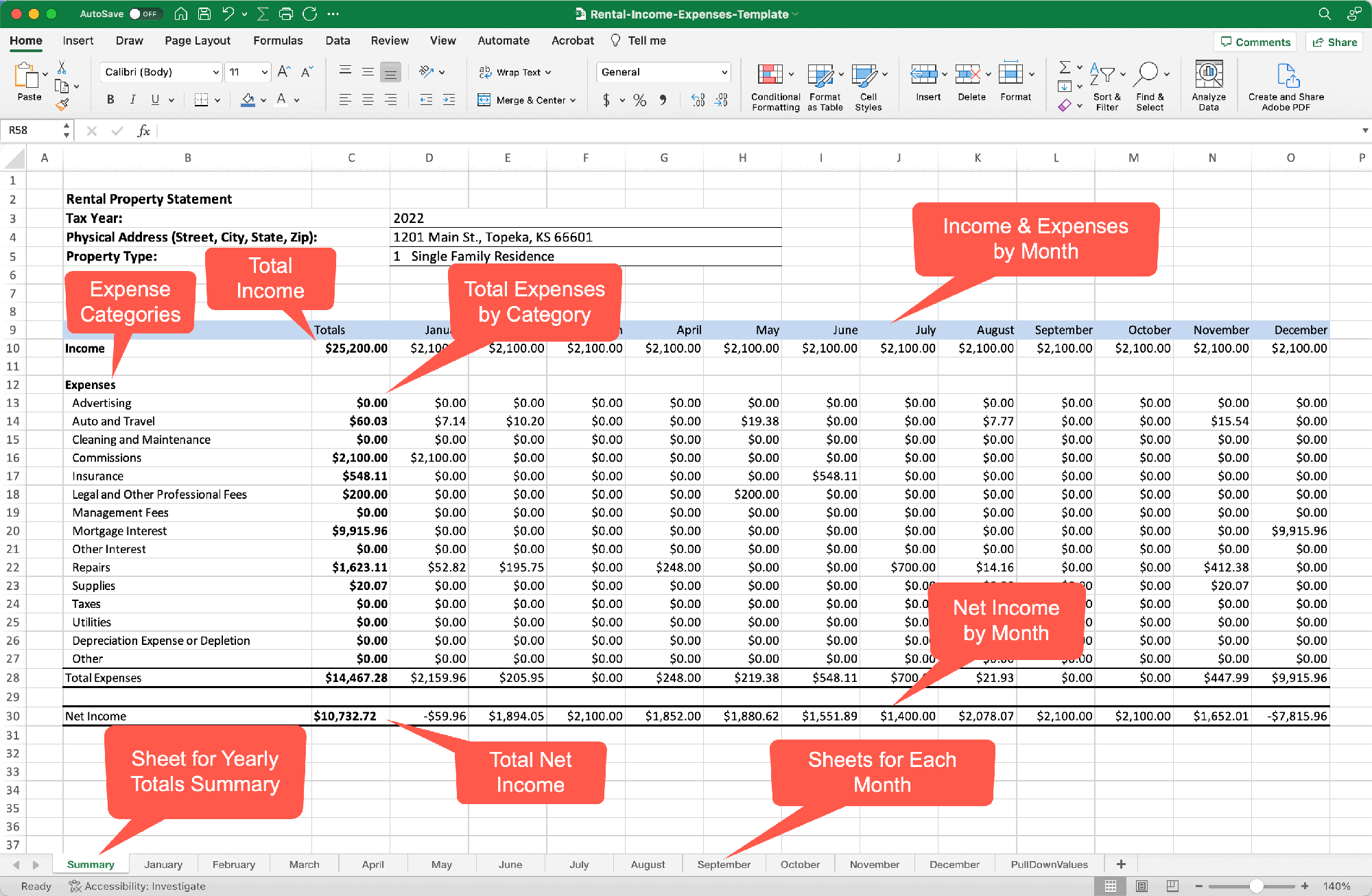 Rental Property Income Expenses Spreadsheet
