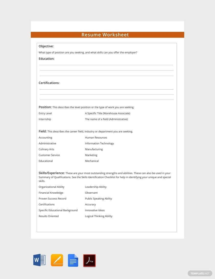 Free Printable Resume Worksheet Templates Worksheets Library