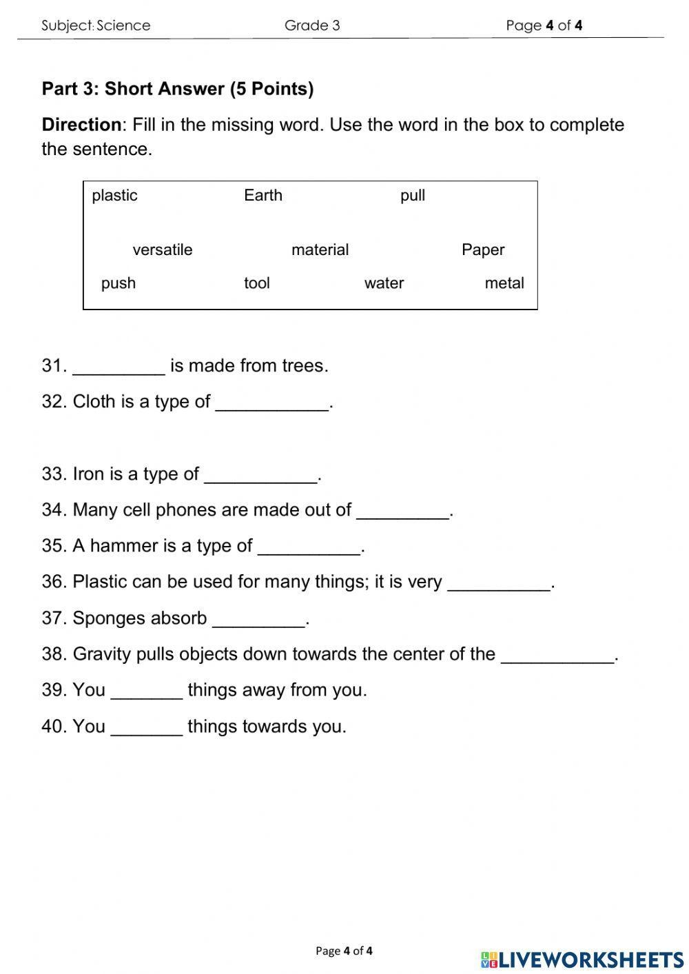 Science Final Exam For Grade 3 Interactive Worksheet Worksheets Library Science Final Exam For Grade 3 Interactive Worksheet Worksheets Library