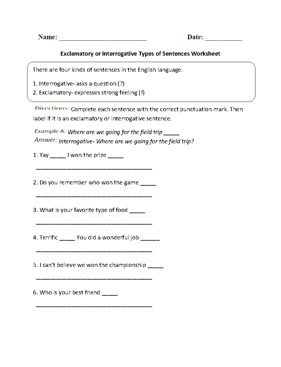 Sentences Worksheets Types Of Sentences Worksheets