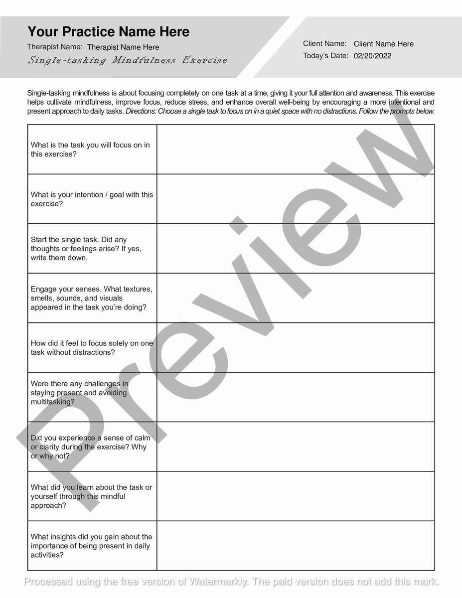 Single Tasking Mindfulness Exercise Worksheet PDF TherapyByPro Single Tasking Mindfulness Exercise Worksheet PDF TherapyByPro
