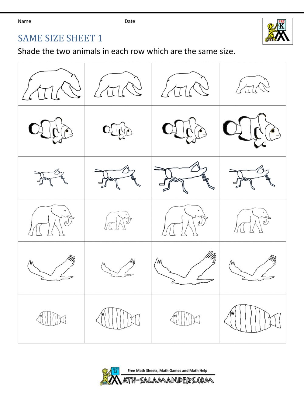 Size Worksheets Bigger Smaller Or The Same Size