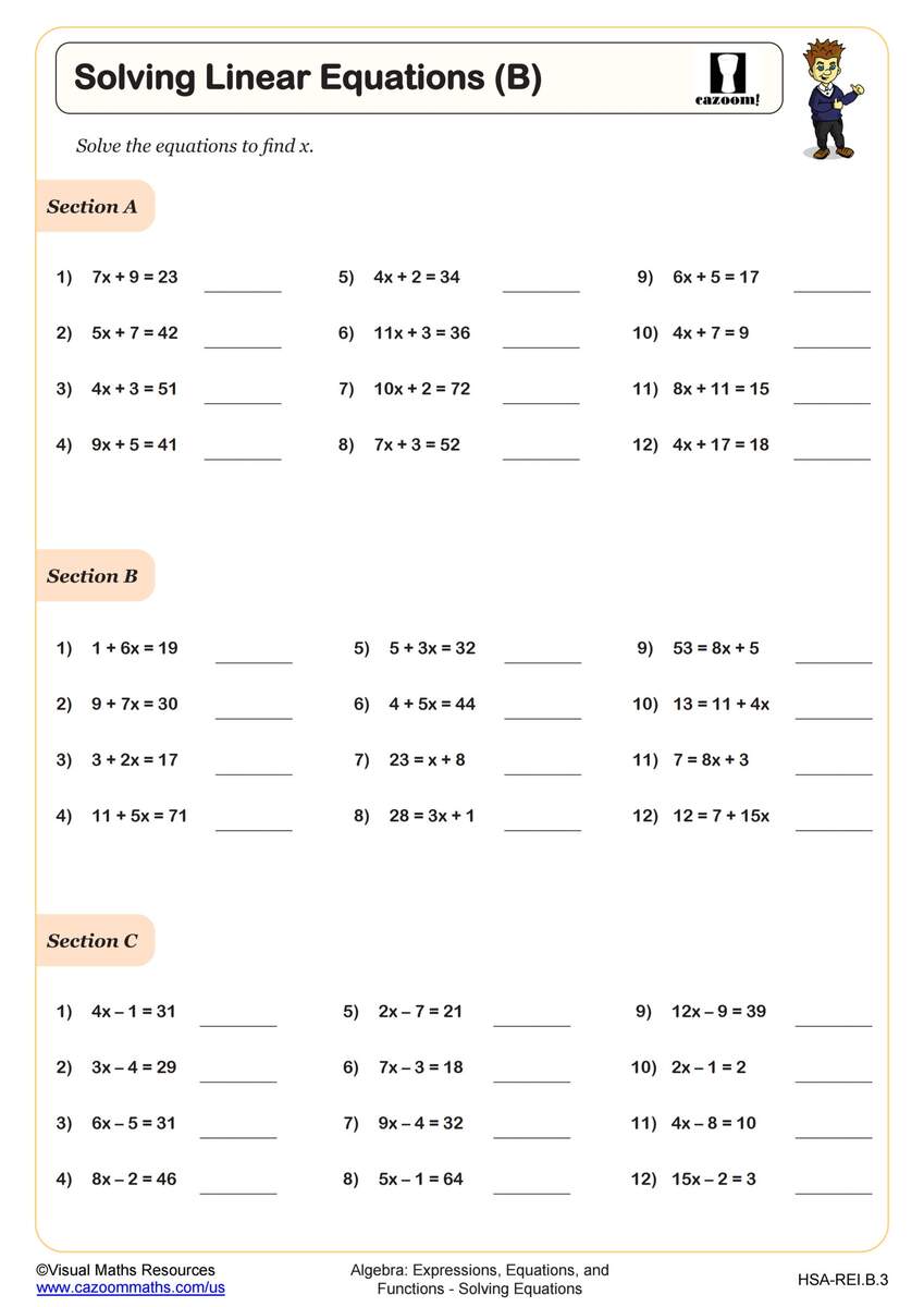 Solving Linear Equations B Worksheet PDF Printable Algebra Worksheet Cazoom Math Basic Algebra Worksheets