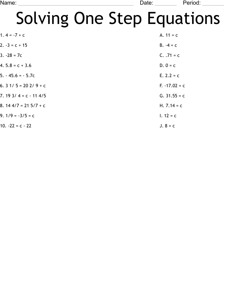 Solving One Step Equations Worksheet WordMint Solving One Step Equations Worksheet WordMint