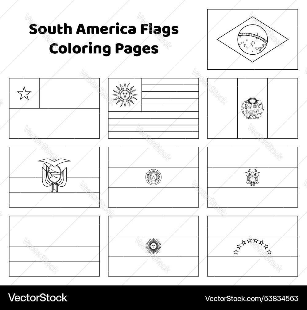 South America Flags Coloring Pages For Kids Royalty Free Vector VectorStock