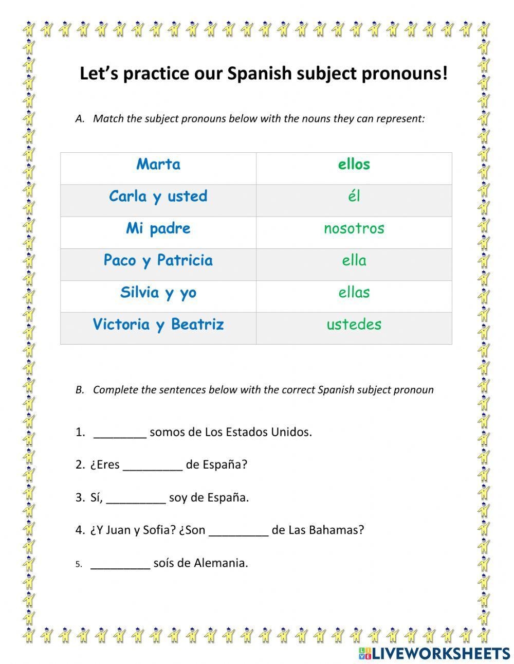 Spanish Subject Pronouns Practice Worksheet Worksheets Library