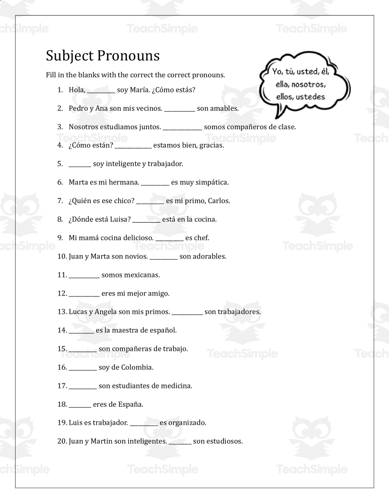 Spanish Subject Pronouns Worksheets By Teach Simple
