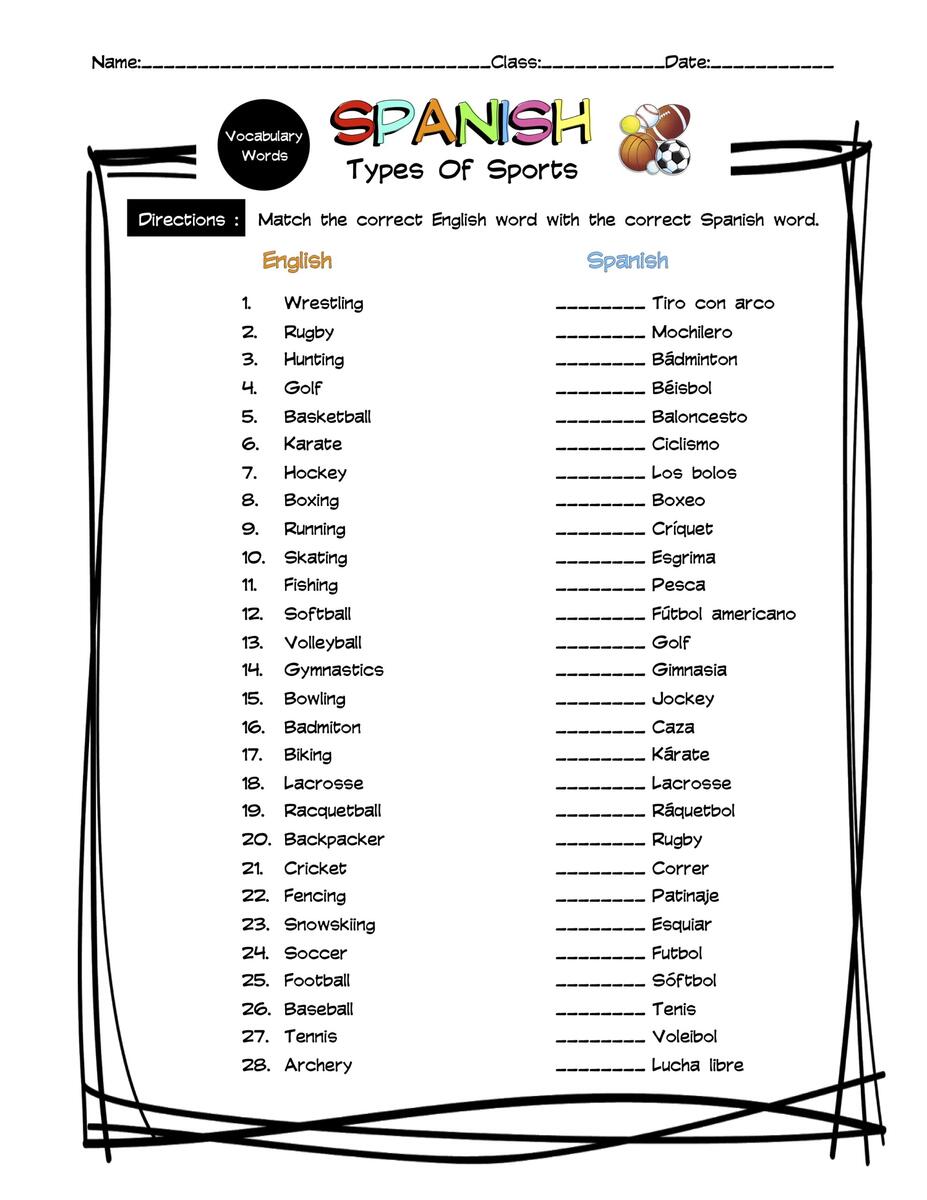 Spanish Types Of Sports Vocabulary Matching Worksheet Answer Key Made By Teachers